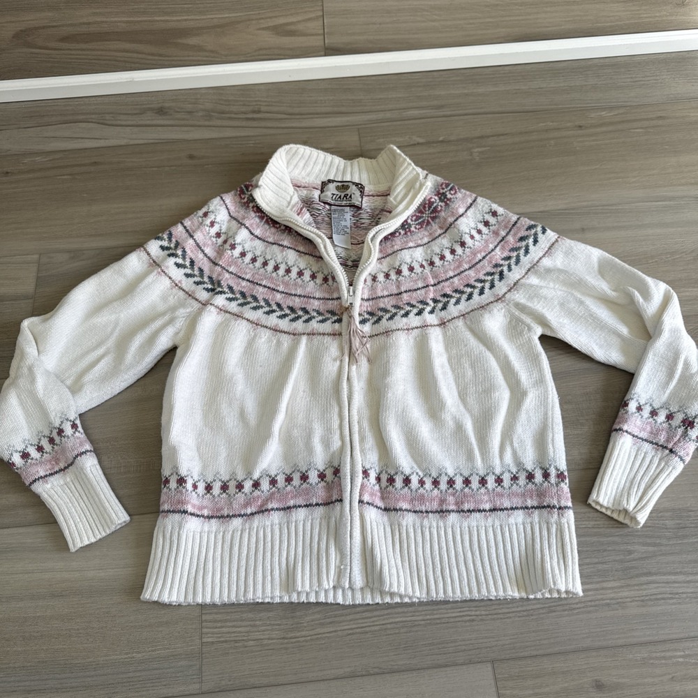 Vintage‎ Tiara International Cardigan Sz M Pink Fair Isle Sweater Nordic Zip
